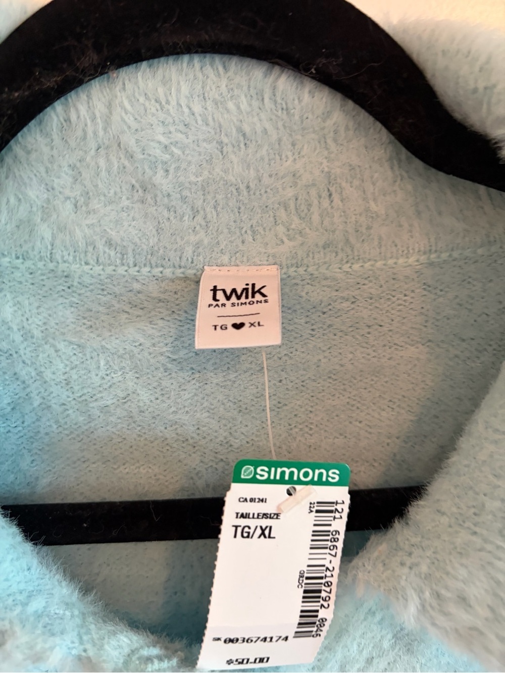 Simons Light Blue Fuzzy Polo Sweater with Teal Hem - Picture 5 of 6